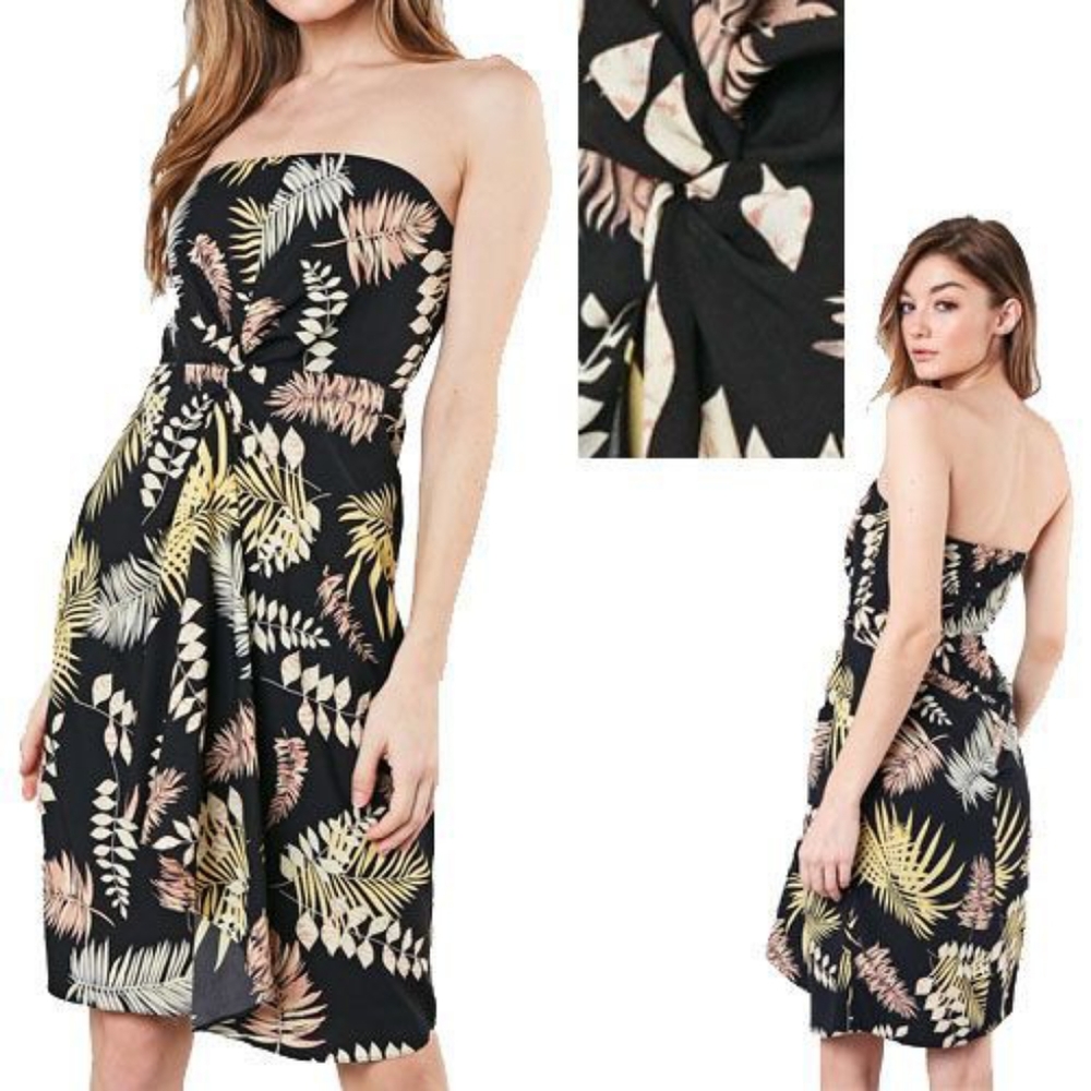 Black tropical palm print strapless dress